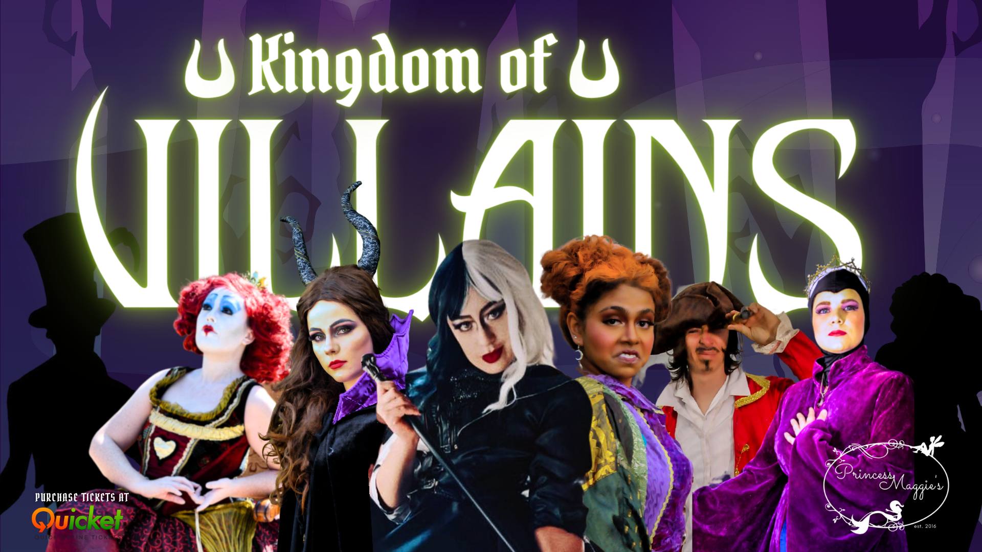 Kingdom of Villains event poster featuring iconic villains with dark fantasy theme.