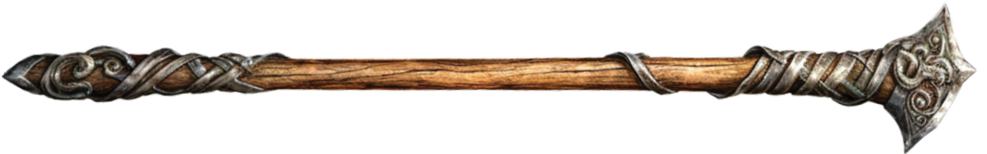 Untitled design - 2024-09-11T123716.409 Intricately carved wooden staff with metal accents and twisted designs, resembling a medieval weapon or walking stick.